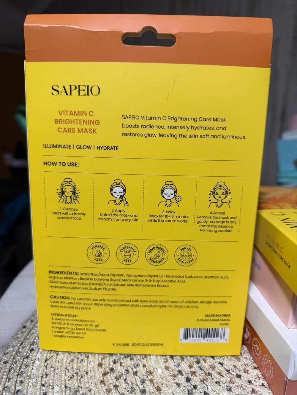 K-Beauty Sapeio Vitamin C Brightening Care Mask – Yellow (5 Sheet Masks)